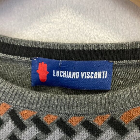Luchiano Visconti Lattice Sweater Mens Large Crew Geometric Retro Gray Orange - Picture 4 of 13